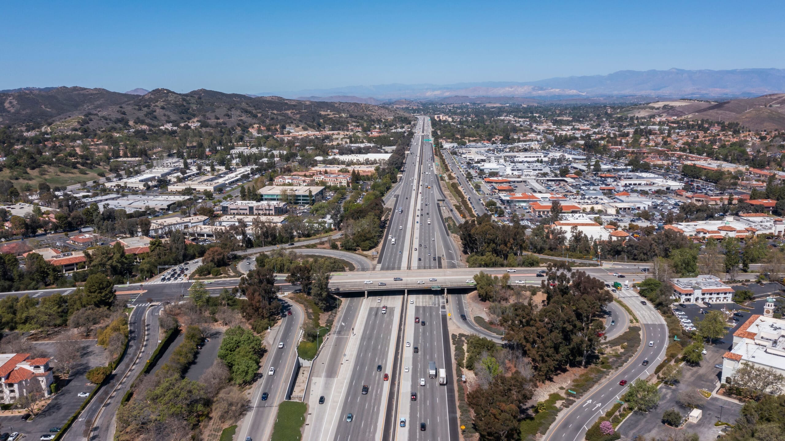 Aerial daytime view of the downtown area of Thousand Oaks, California, USA.
